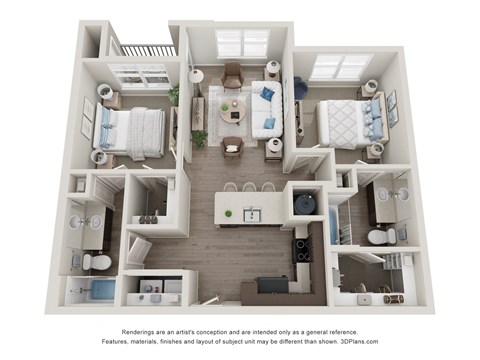 Floor plan for 2 beds, 2 baths, 935 sqft